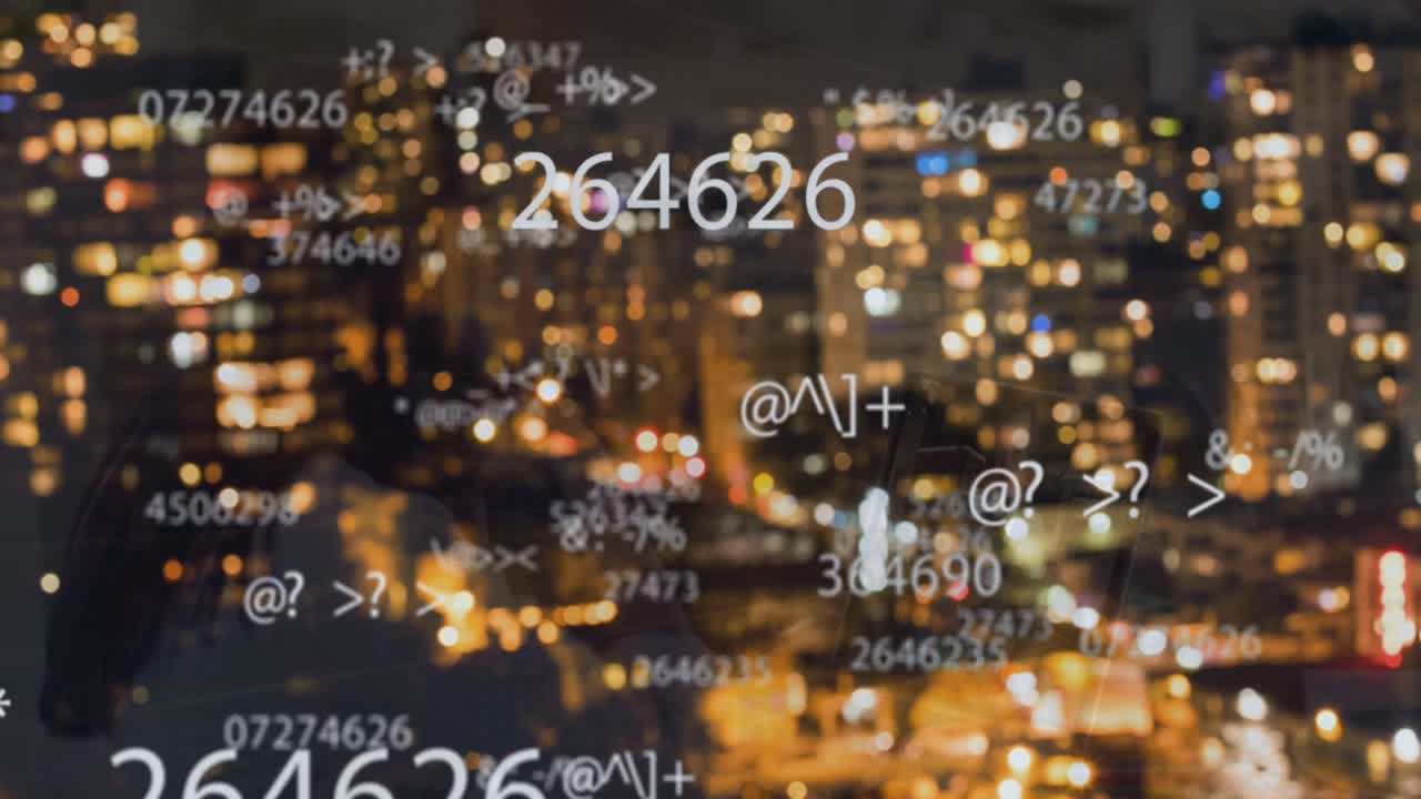 夜の都市風景の上に落ちる数字のアニメーション