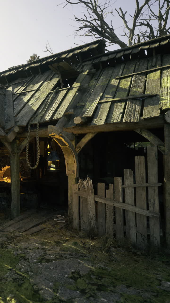 Alte Holzkonstruktion, mit Moos bedeckt, in einer ruhigen ländlichen Umgebung.