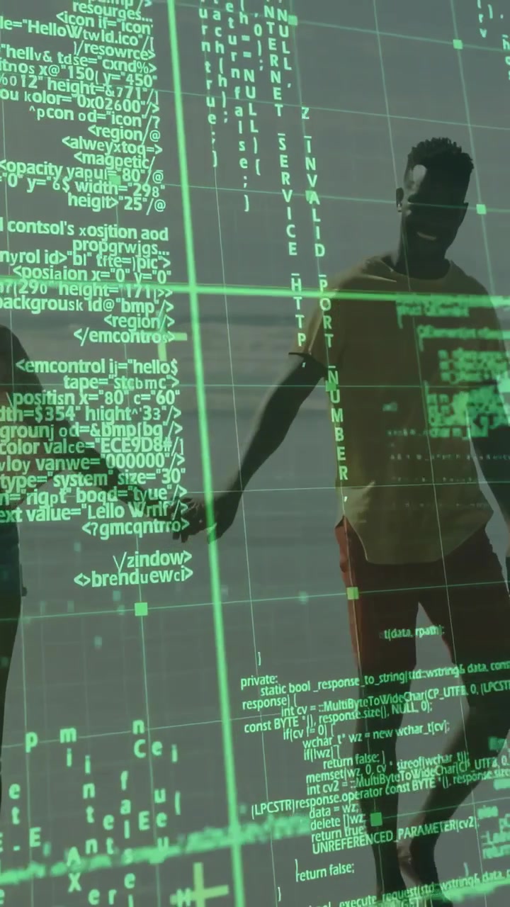 Vertical video: Green code overlay starting, couple walking hand-in-hand on shoreline, showing data