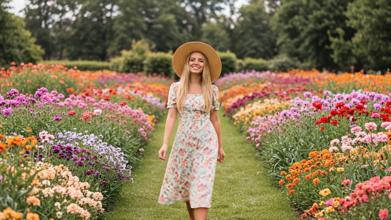 A Joyful Stroll Through a Vibrant Flower Garden: Embracing Nature's Colors and Beauty with a Charming Smile and a Sun Hat