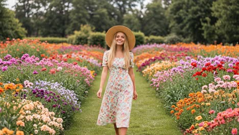 a joyful stroll through a vibrant flower garden: embracing nature's colors and beauty with a charming smile and a sun hat