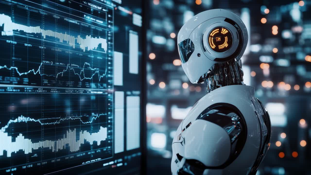 Futuristic robot analyzing data on screens in a tech hub. Side angle captures the digital ambiance