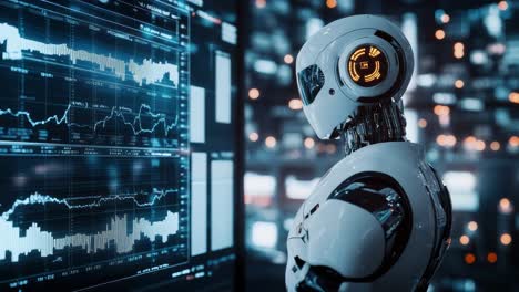 futuristic robot analyzing data on screens in a tech hub. side angle captures the digital ambiance