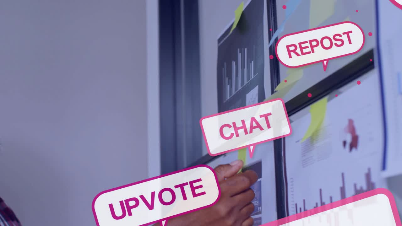 Pemimpin memindai grafik lalu menambahkan post-it sambil memetakan data bisnis, dengan tulisan UPVOTE CHAT REPOST melayang.