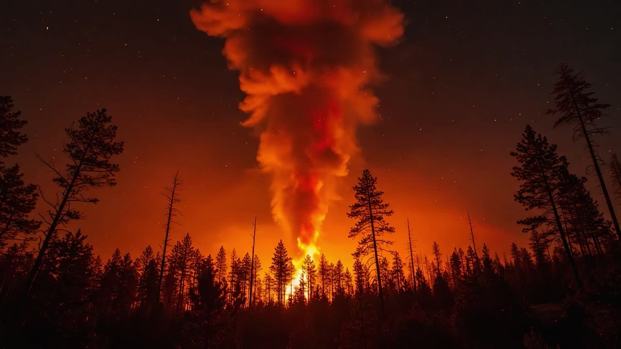 Majestic Eruption: A Fiery Plume Illuminates the Night Sky, Creating an Awe-Inspiring Contrast Against the Darkened Forest and Starry Backdrop of Nature's Fury