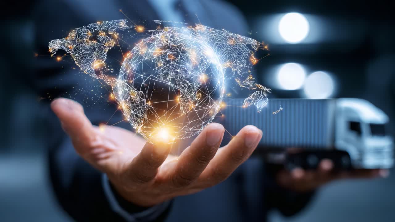 A Businessman Holding a Holographic Globe in One Hand While Presenting a Truck, Symbolizing Global Logistics, Transport Technology, and Supply Chain Solutions in a Modern Setting