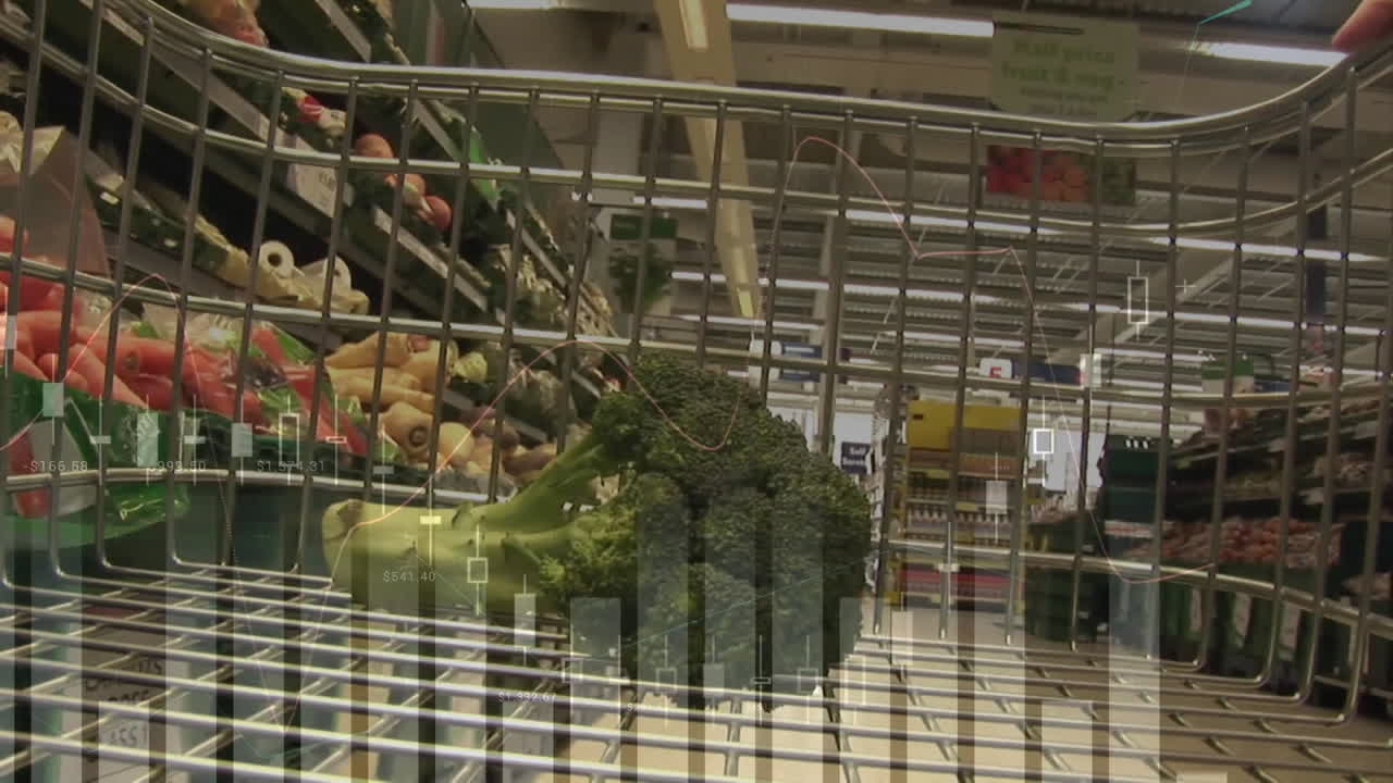 상점의 쇼핑 트롤리 위에서 금융 데이터 처리의 애니메이션