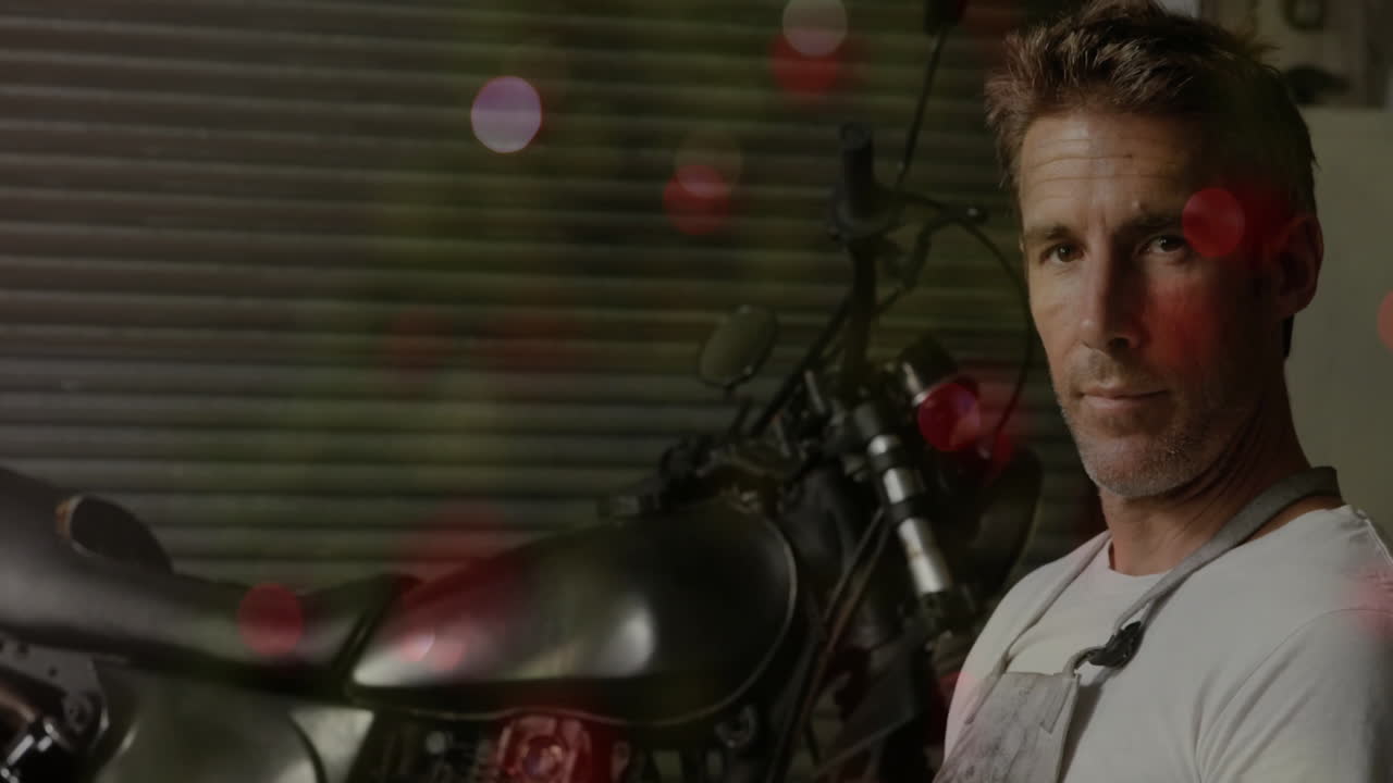 Workshop scene showing mechanic tuning motorcycle tank with red bokeh reflections in flat design