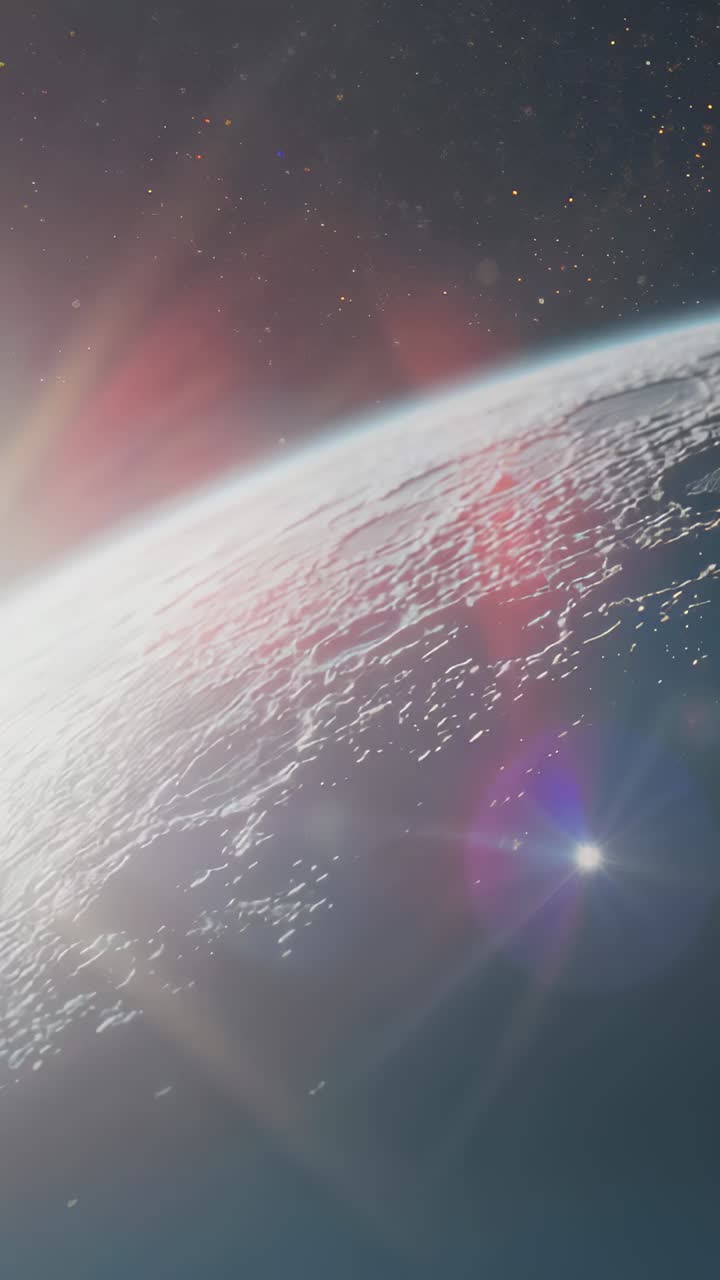 Vertical video: Descending camera revealing cratered surface above limb, sun causing colored flares