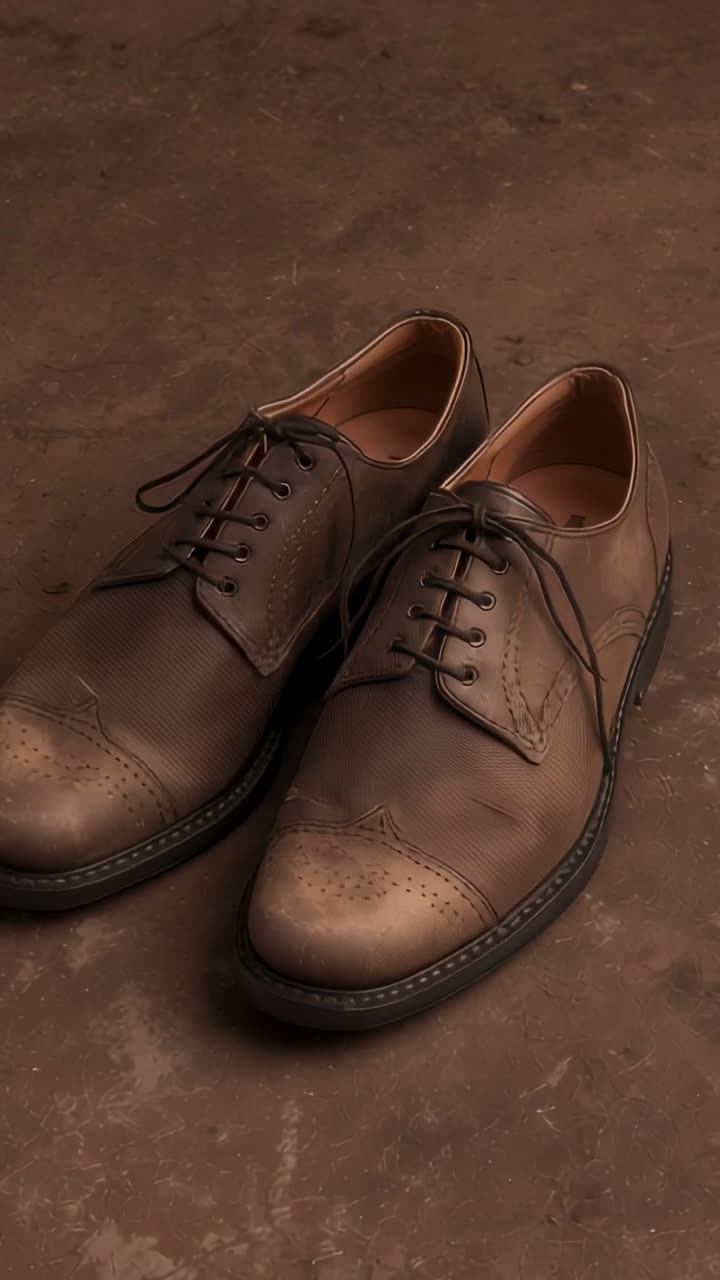 Video verticale: mostra lo zoom della camera, evidenziando un paio di scarpe brogue in pelle marrone su un pavimento usurato