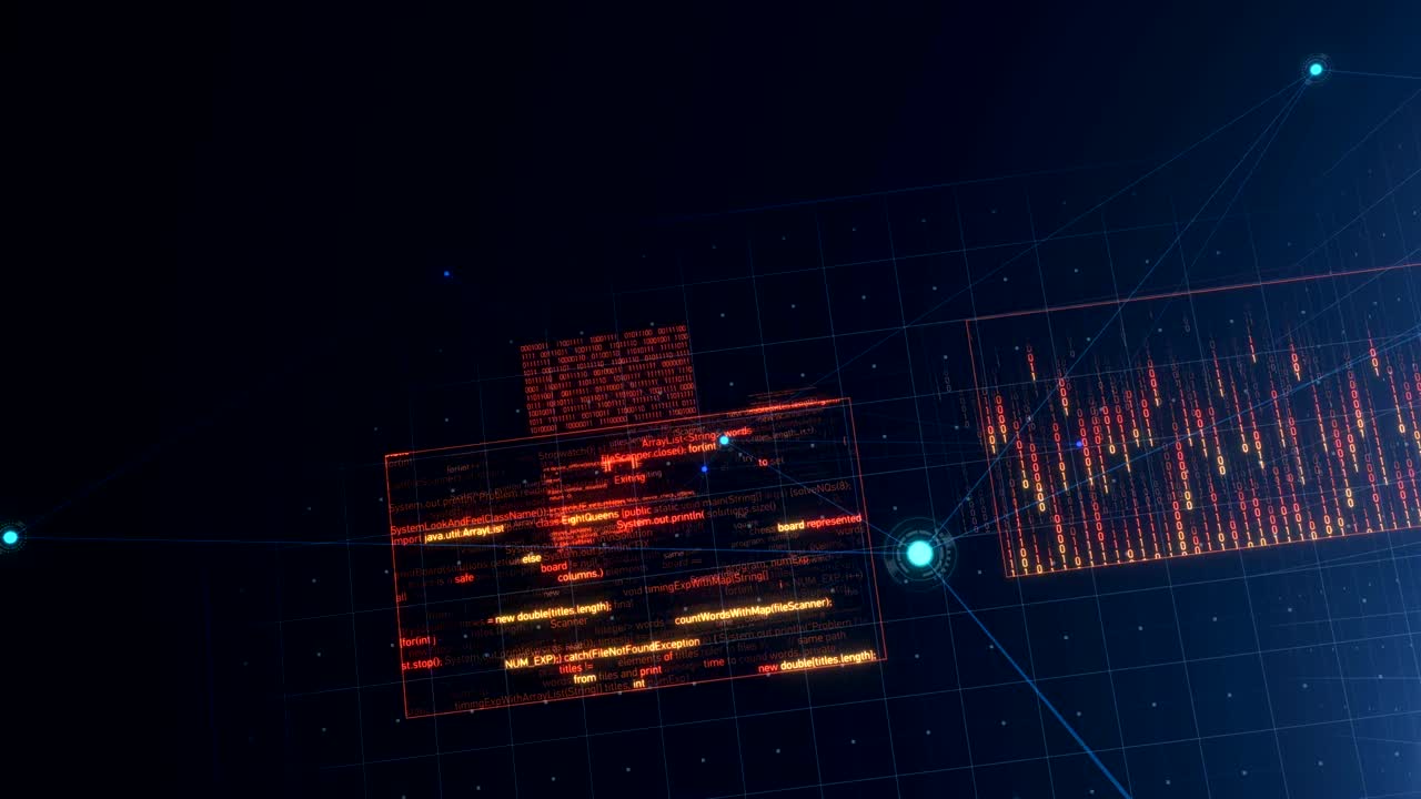 Beautiful Flight Trough the Abstract Software Code and Data Connections. Looped 3d Animation with Orange Data and Blue Grids and Lines. Business and Technology Concept.