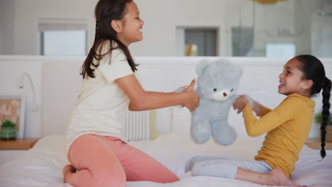 children, teddy bear and sisters fighting