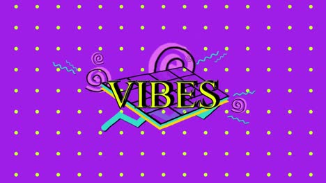 animation of vibes text in yellow with colourful geometric shapes over yellow dots on purple