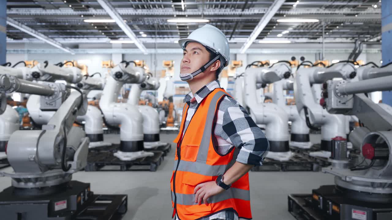 Engineer observing robotic arms in a factory