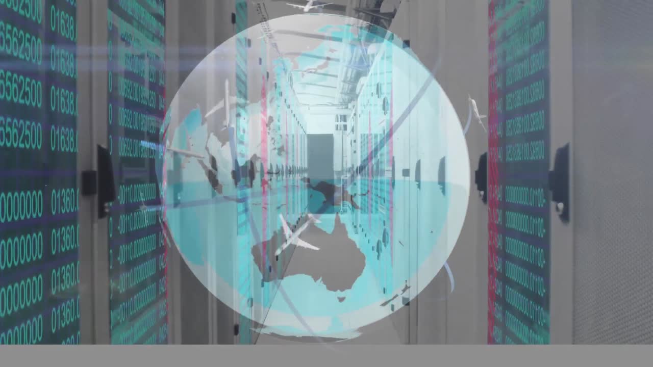 스크린 방 위 에서 비행기 들 이 날아다니며 회전 하는 지구 의 애니메이션