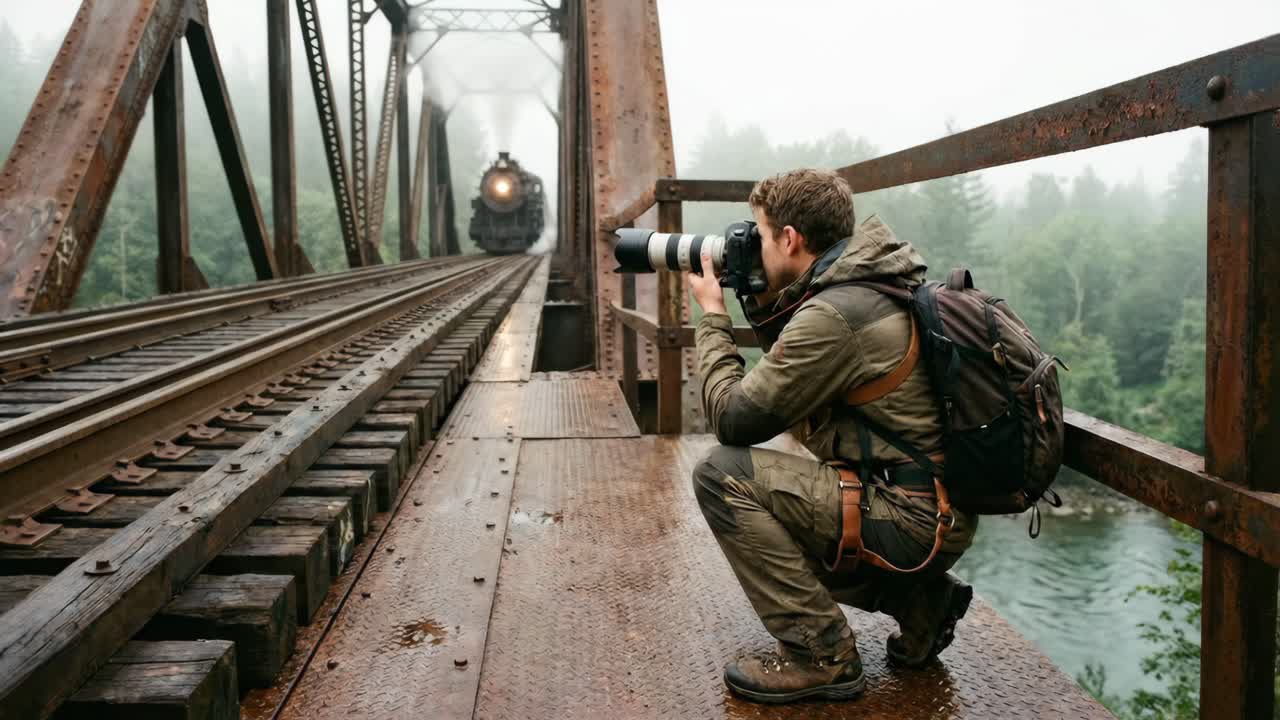 Fotografo accovacciato su un ponte arrugginito per immortalare un treno in arrivo