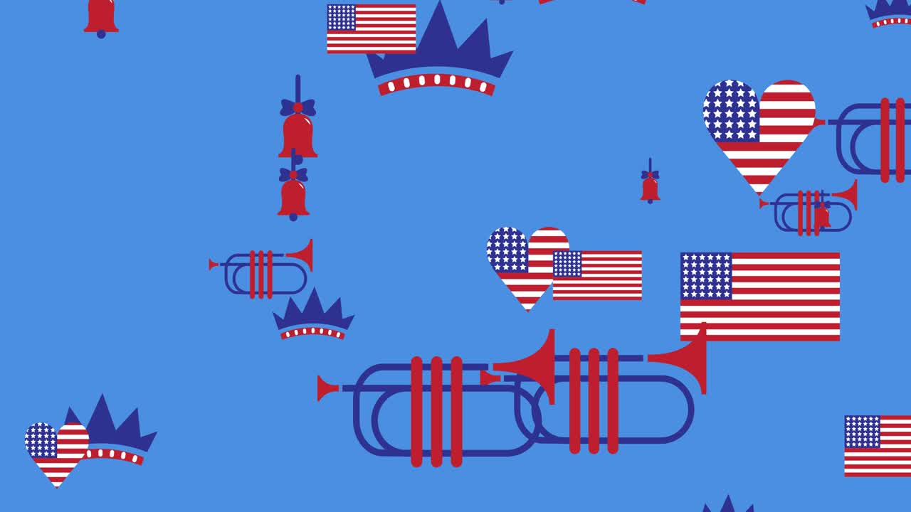 미국  ⁇ 발과 독립기념일 아이콘이 파란색 배경 위로 움직이는 애니메이션