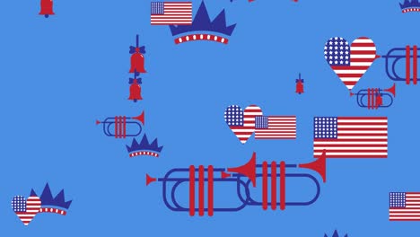 animation of american flags and independence day icons moving over blue background