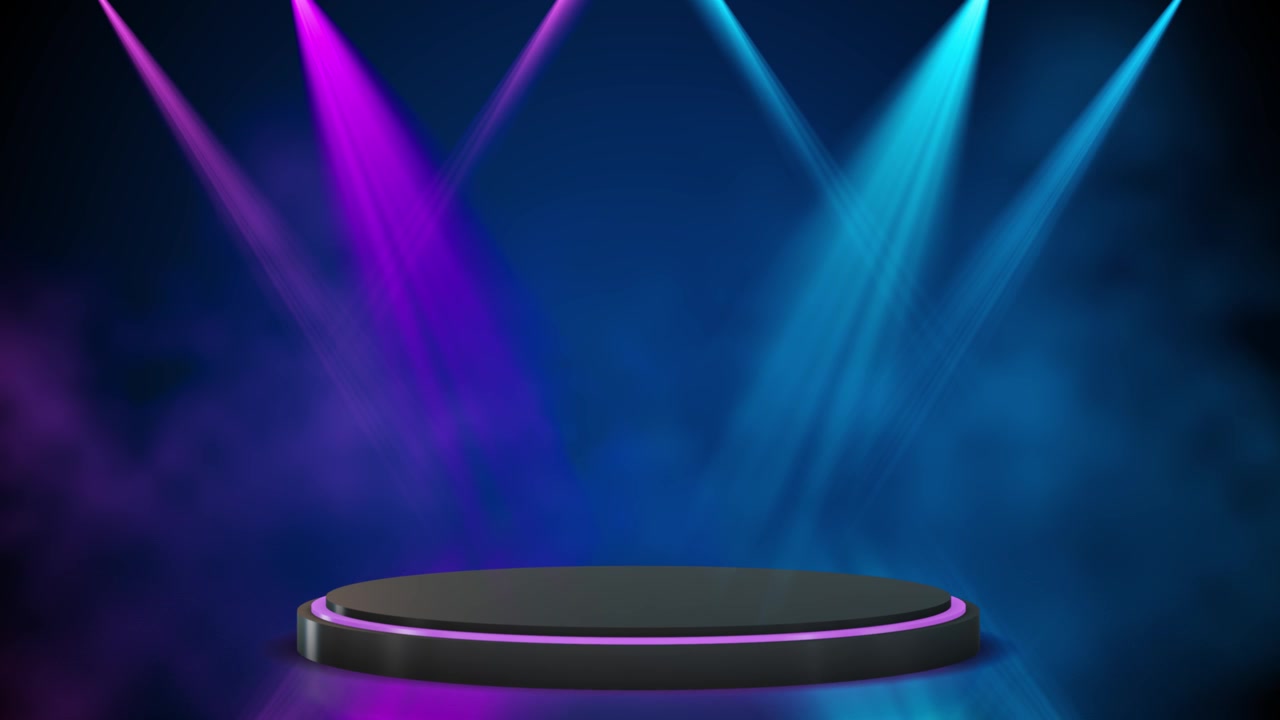 Neon koncertlys sceneanimation med levende blå og lyserøde spotlights, cirkulær platform og mørk