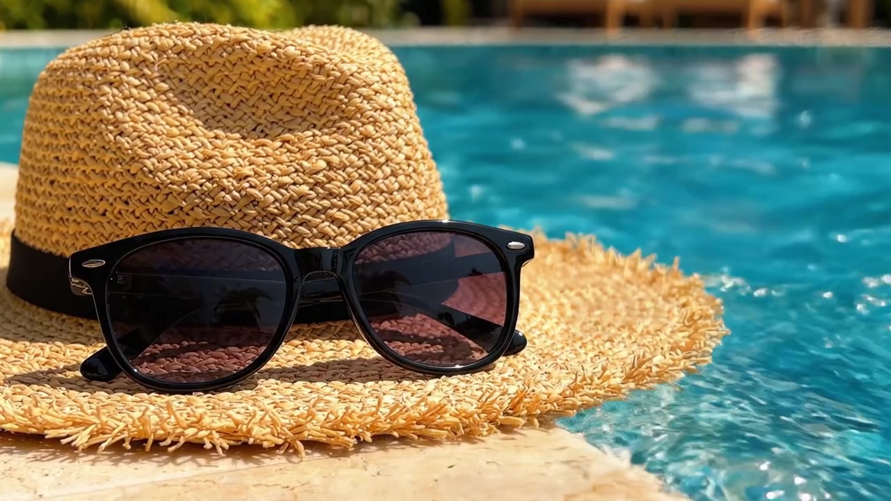 Eine entspannende Sommerszene mit einem Strohhut und einer Sonnenbrille am funkelnden Pool, perfekt, um Sonnenschein zu genießen und an einem warmen Tag zu entspannen.