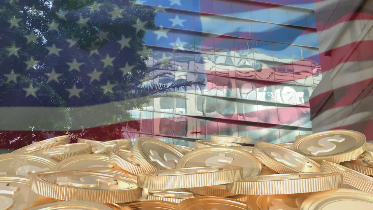 American flag waving over government building with gold coins animation