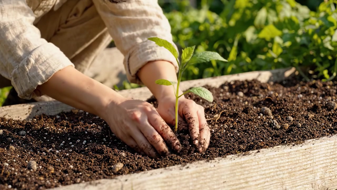 Le mani di un giardiniere che piantano teneramente una piantina in un terreno ricco e scuro, assicurando un futuro luminoso alla pianta in crescita in un rigoglioso letto da giardino