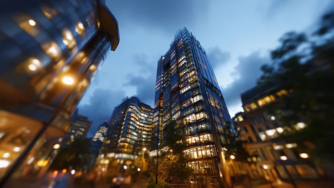 Transformação urbana dramática: reflexos noturnos em arranha-céus de vidro modernos sob um céu crepuscular, capturados de uma perspectiva única da vida na cidade