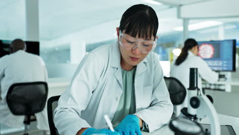 glass, liquid or scientist writing in laboratory