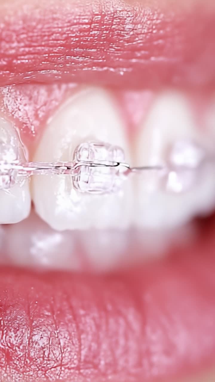 Close-Up of Teeth with Clear Braces Highlighting Orthodontic Treatment and Dental Care, Showcasing the Alignment Process for a Perfect Smile
