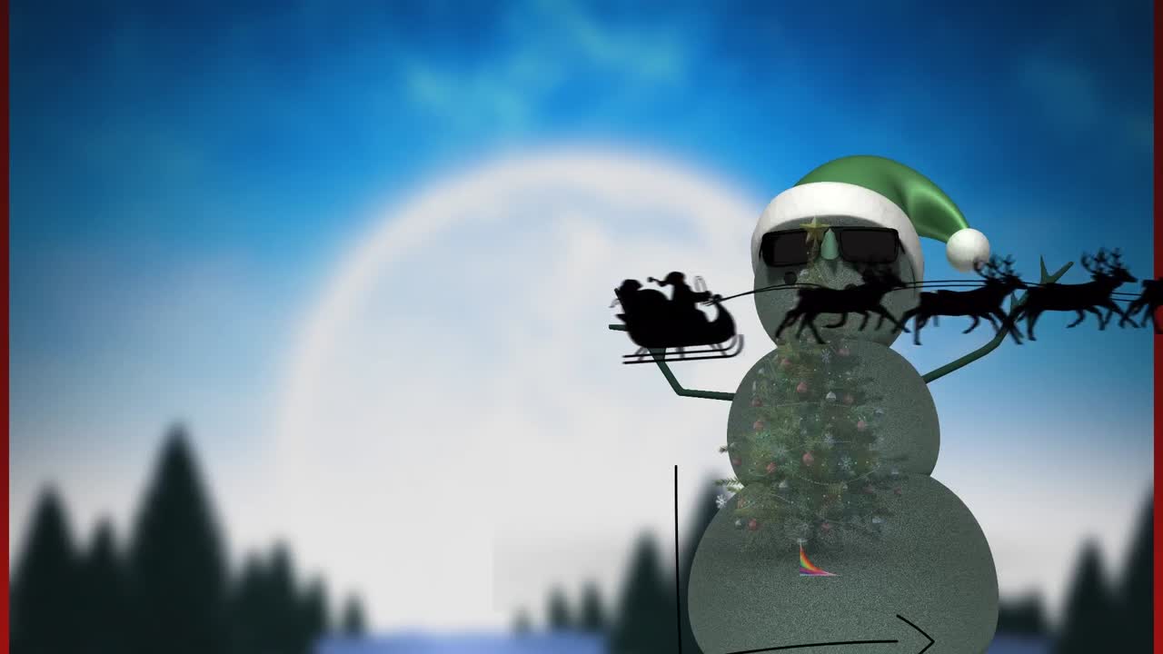 스노우맨 아이콘 위에 녹색 산타 모자 애니메이션 산타클로스 위에 사 ⁇ 이 끌고 있는  ⁇ 매