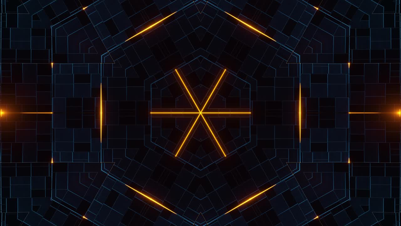 Dark Kaleidoscope Background with Yellow Lines and Squares. Looped Animation