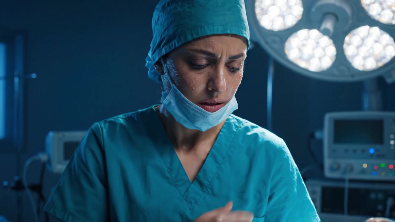 Un medico riflette sul peso emotivo della chirurgia, mostrando un momento di vulnerabilità e dedizione in una sala operatoria illuminata a giorno.
