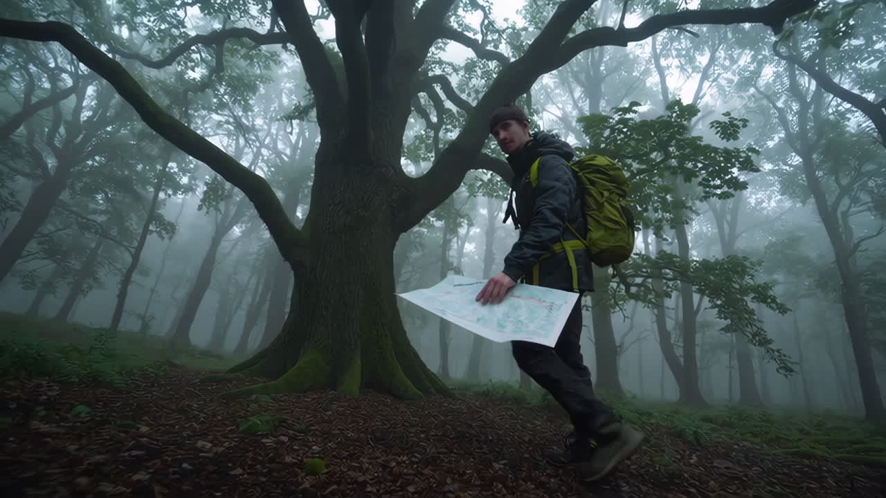 Hiker Navigating a Mysterious Foggy Forest