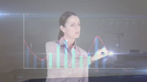 animación del procesamiento de datos estadísticos sobre una mujer de negocios caucásica tocando una pantalla futurista