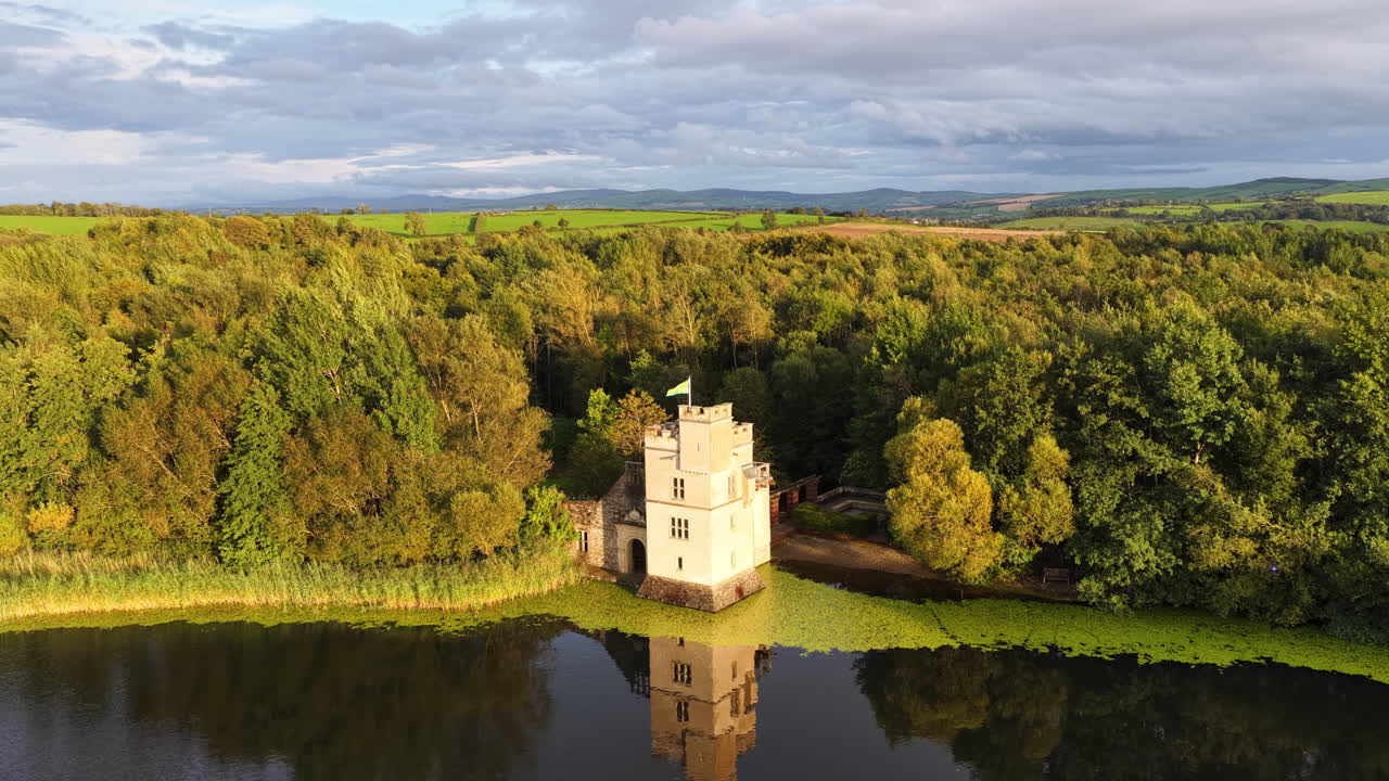 Aerial View orbiting Folly Castle in Oakfield Park in Donegal Ireland