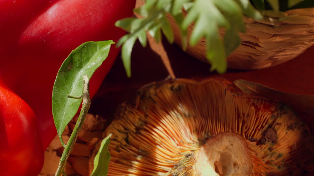 Primo piano di arance fresche, peperone rosso e funghi in un cesto.