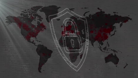 animación de puntos que forman un candado en el escudo sobre las llamaradas de la lente y el mapa sobre fondo blanco