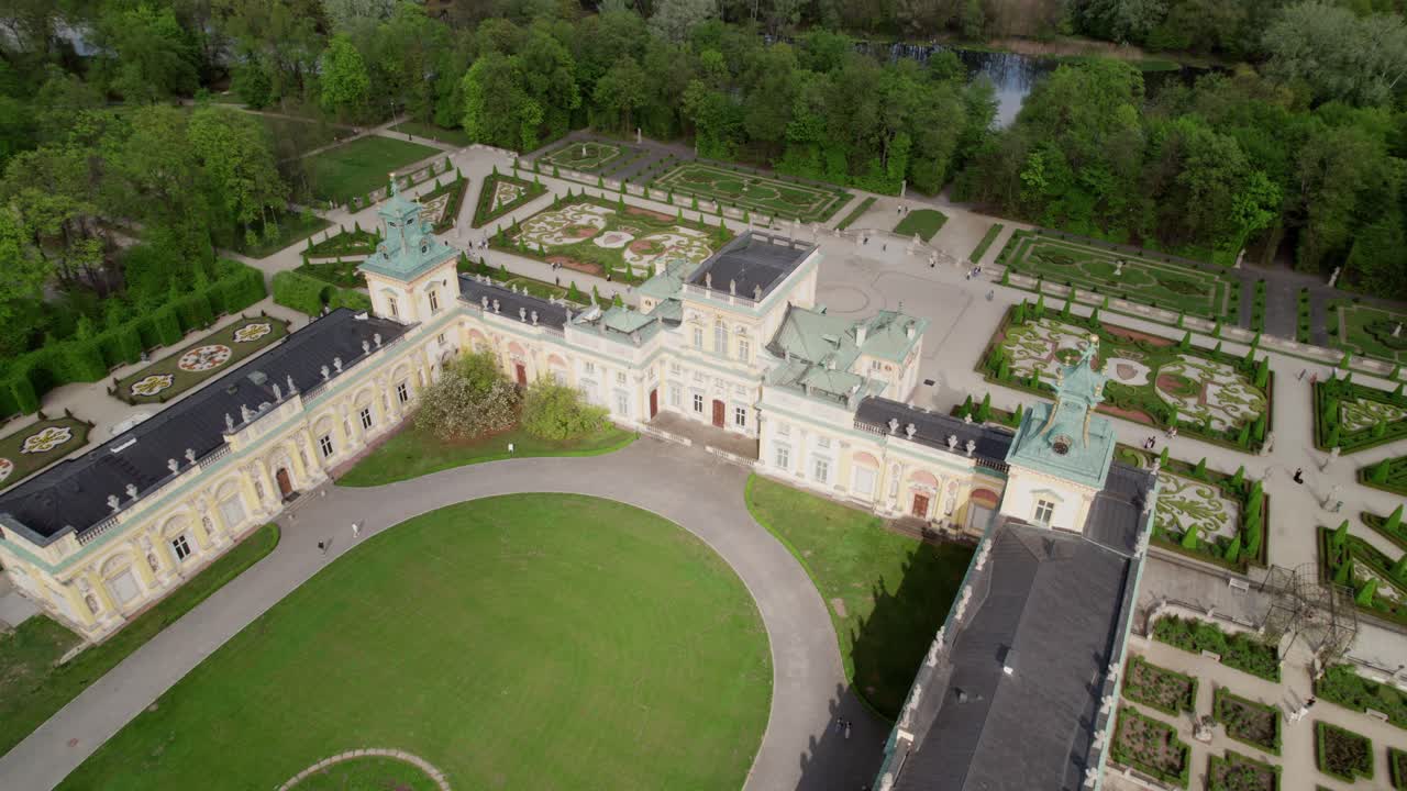 Historic Wilanów Palace in Warsaw seen from above, drone view