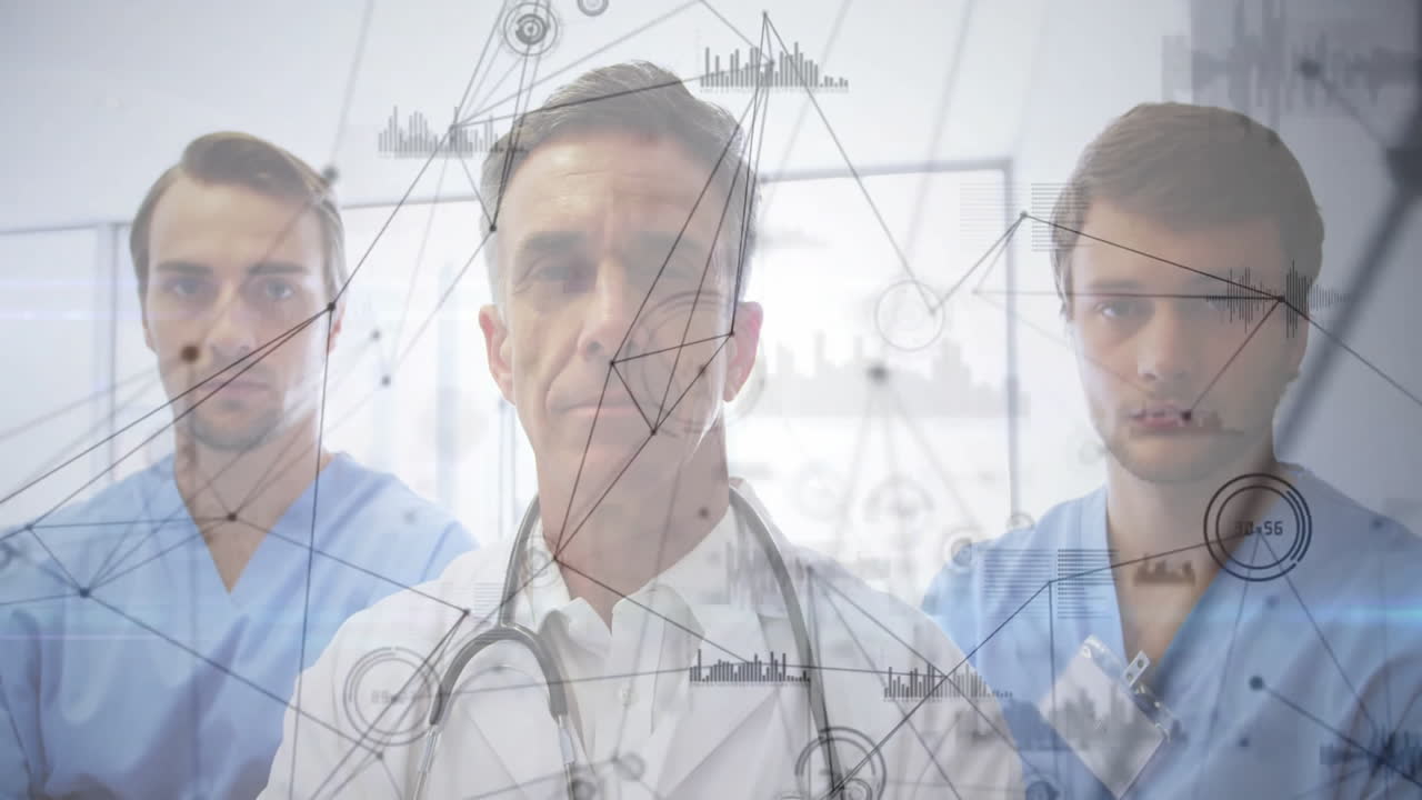 Medical professionals analyzing patient data in hospital corridor, showing digital network graphics