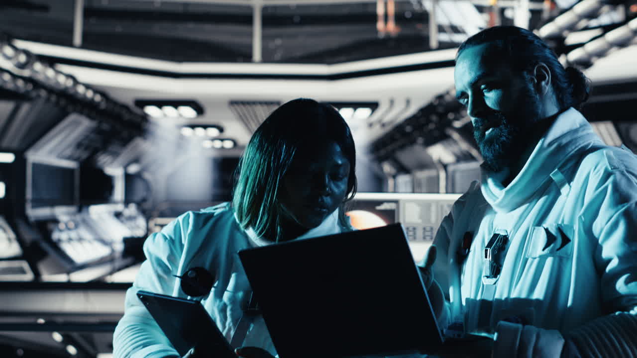 Astronaut discussing with colleague, conducting scientific experiments