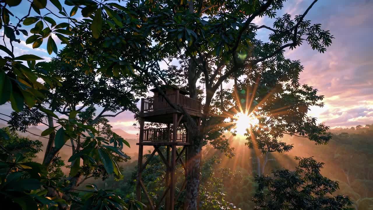 Warm sunlight creates a beautiful sun star as it shines through the leaves of a tree with a wooden treehouse built on it, offering a tranquil escape in the heart of a lush rainforest during sunrise