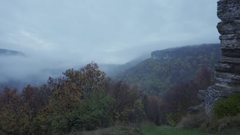 Panning-from-the-right-to-the-left-side-of-the-frame-on-the-Balkan-Maountains,-at-the-location-of-Kozarnika-Cave,-in-Dimovo-Municipality-in-Northwestern-Bulgaria