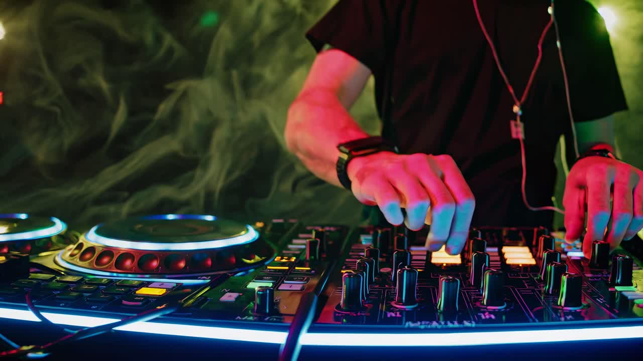 Low-angle shot of a DJ mixing music in a smoky, colorful club setting, capturing the vibrant