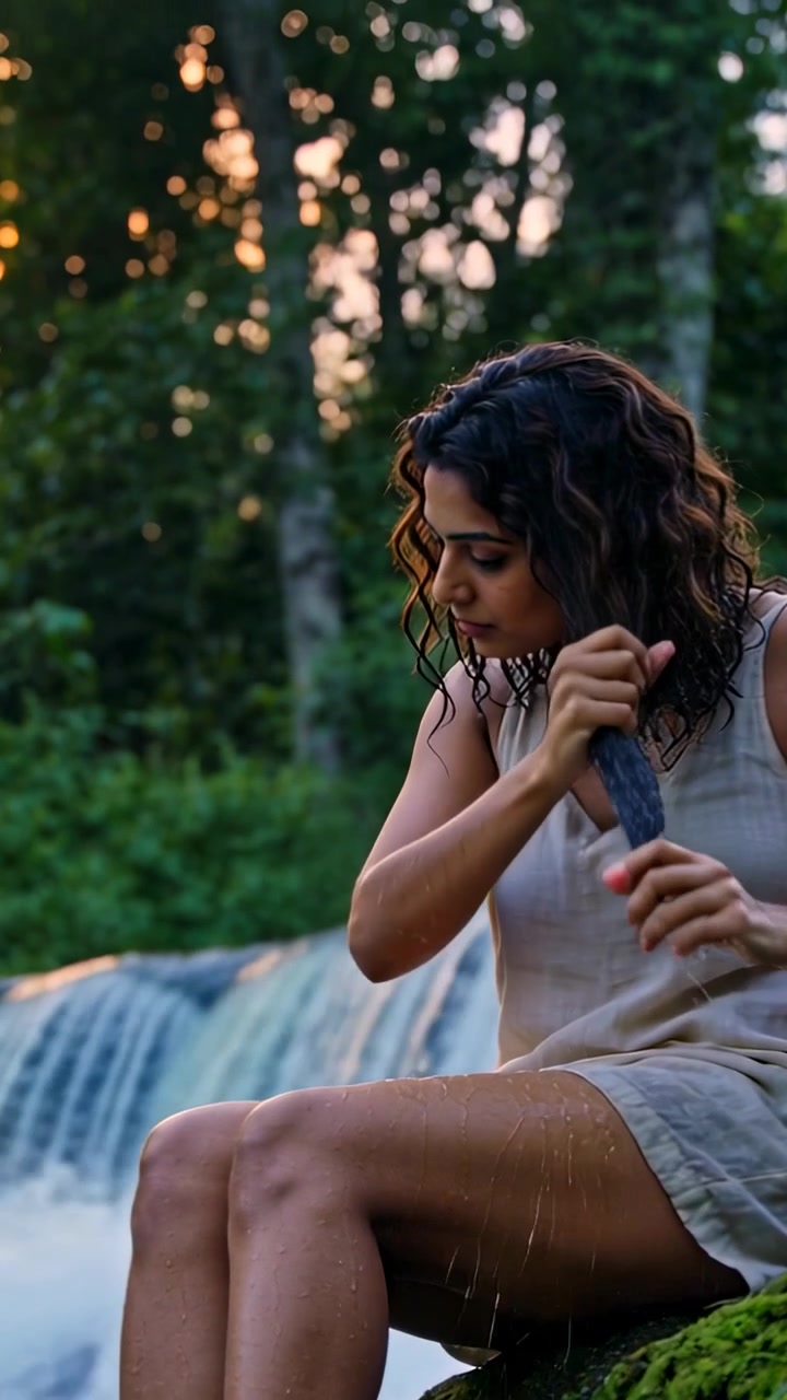 Video verticale: Donna in abito dopo le cascate che si pettina i capelli su una roccia muschiosa nella foresta, strizzando l'acqua.