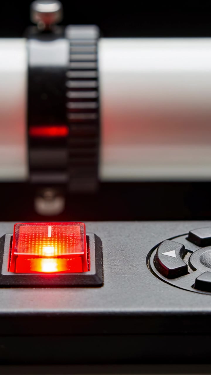Vertical video: Showing panel with metal dial holding on bench on power-up, red LED showing power