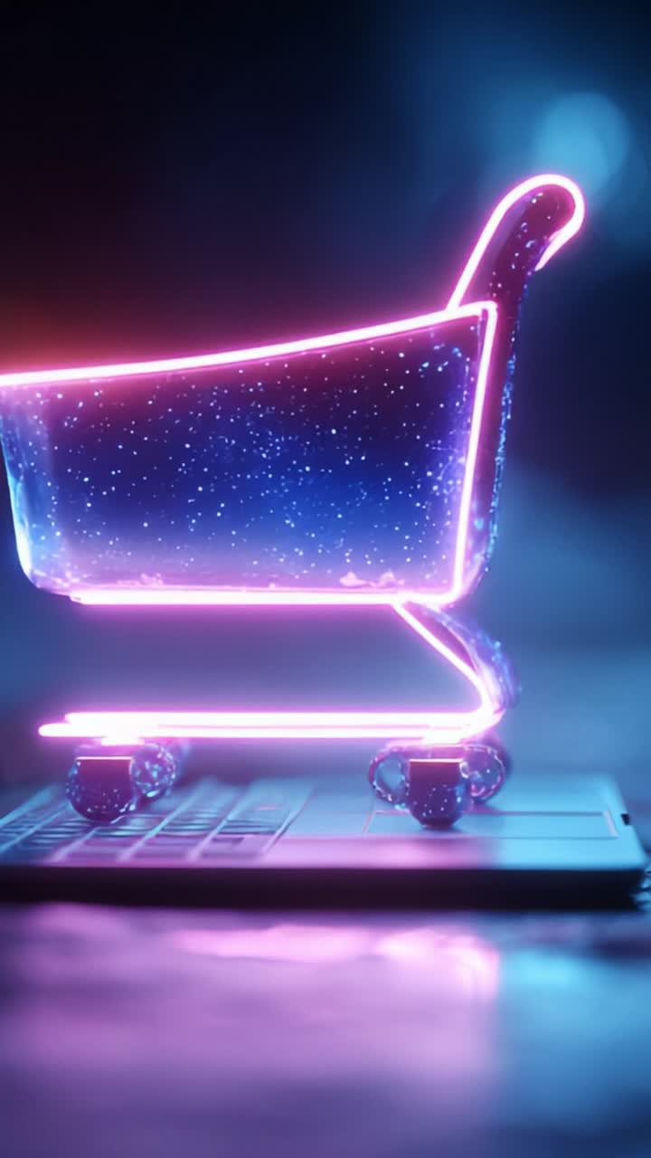 A Glowing Shopping Cart Illuminating a Laptop Background, Representing E-commerce and Modern Retail in a Futuristic Setting with Neon Aesthetic