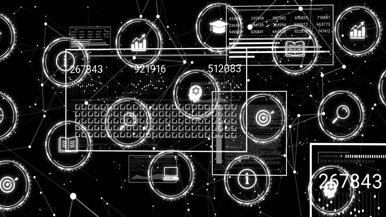 Keyboard appearing, icons orbiting while numeric counters rising and windows sliding, showing data