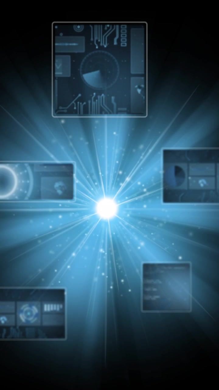 Animation of data processing with scope scanning over light spots on black background