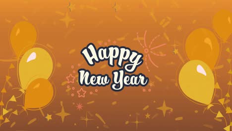 animation of happy new year text in black and white, with yellow balloons on orange background