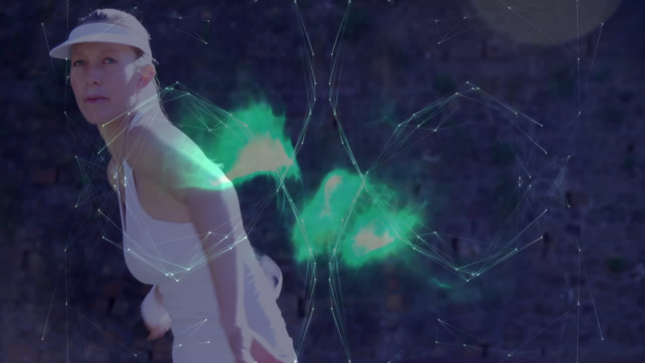 female tennis player swinging racket on red clay court, showcasing technology data network overlay